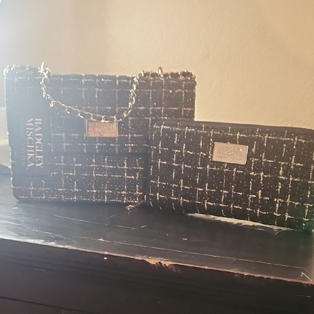 Badgley Mischka Black and Gold Tweed Bag Duo